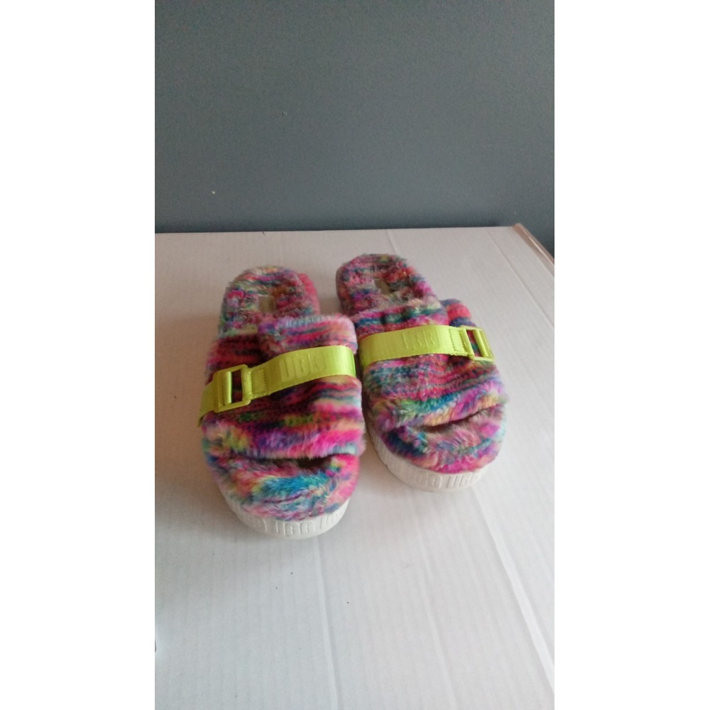 UGG Fluffita Multicolor Rainbow Faux Fur Platform Slide Sandals Neon Green Strap
